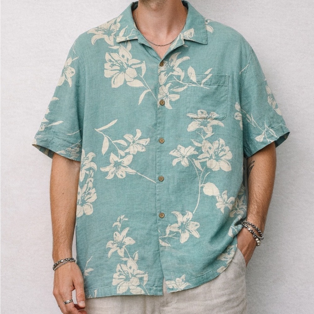 28 Palms Button Down Shirt Mens Large Teal Floral Silk Linen Camp Aloha Hawaiian